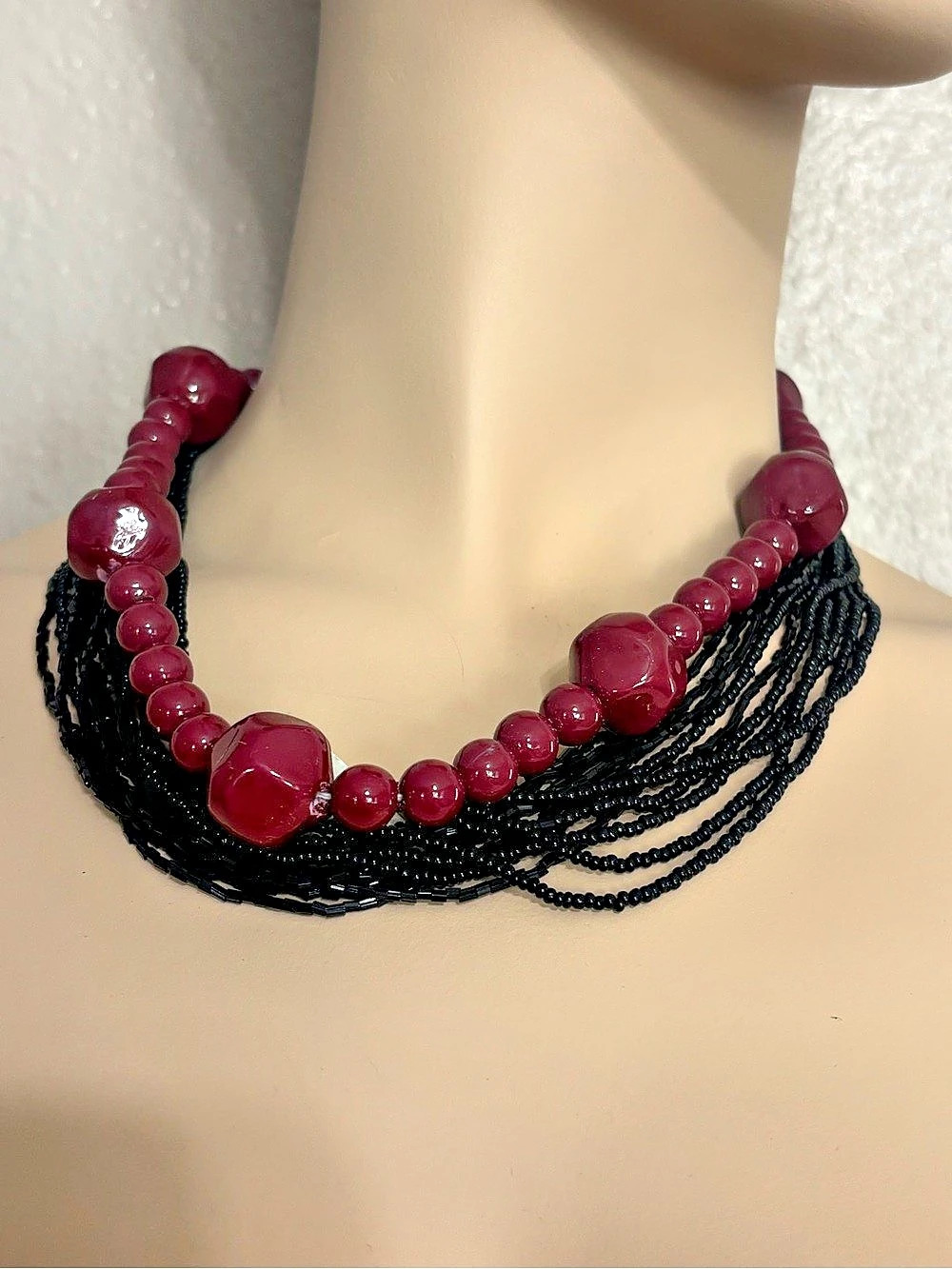 Vintage Hong Kong Beaded Statement Necklace in Black & Red
